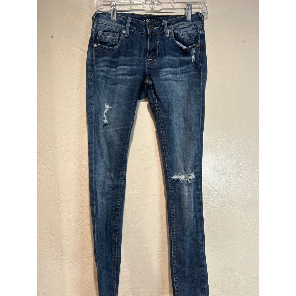 Vigoss‎ The Thompson Tomboy Distressed Skinny Jeans Dark Wash Blue Size 24x27